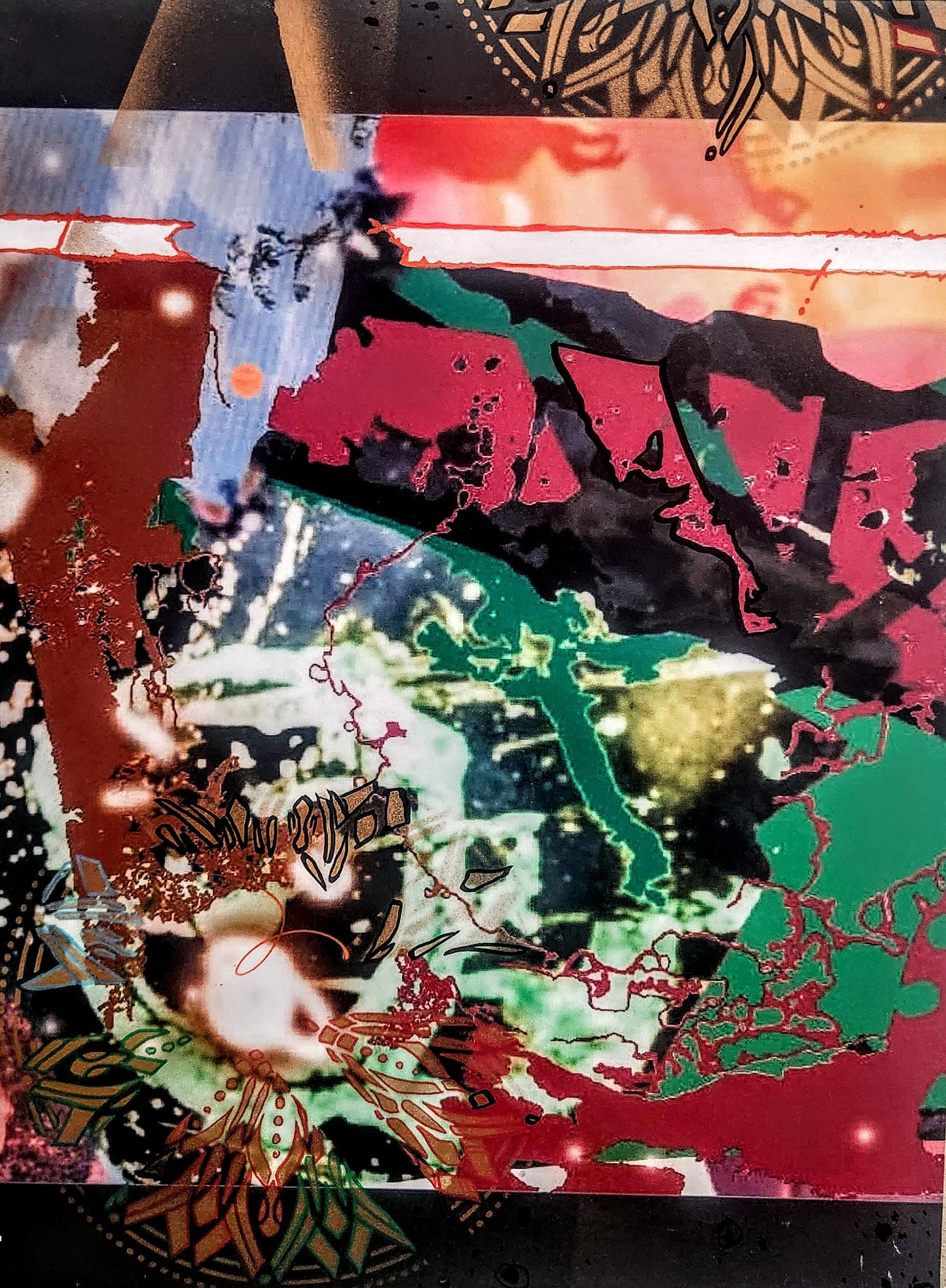 "Red Collide" Abstract Painting 2024 Acrylic, enamel, glitter, crystals 18"x 24"in.