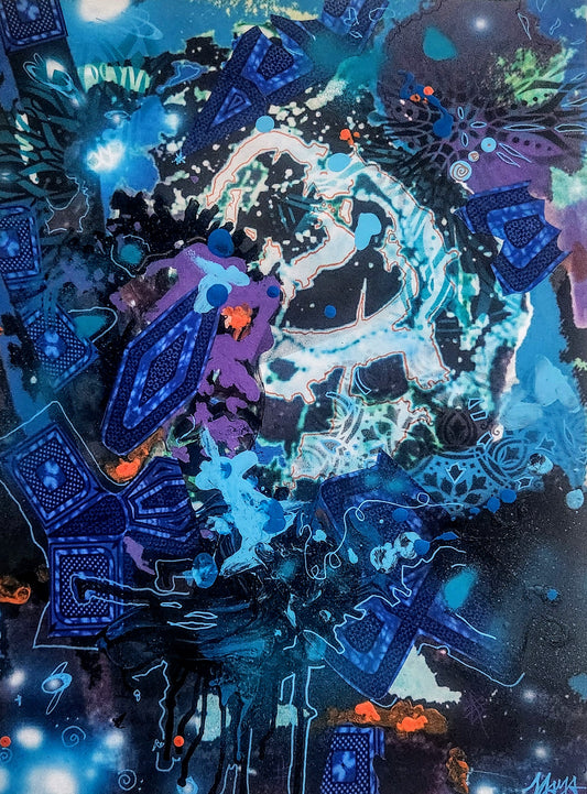 "Blue Surge" Abstract Painting                                  2024                                Acrylic, enamel, glitter, crystals 18"x 24"in.