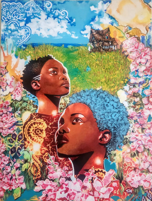 "People of the Light" 2024                               Painted Print                    Acrylic, enamel, glitter, crystals  18 "x 24" in.