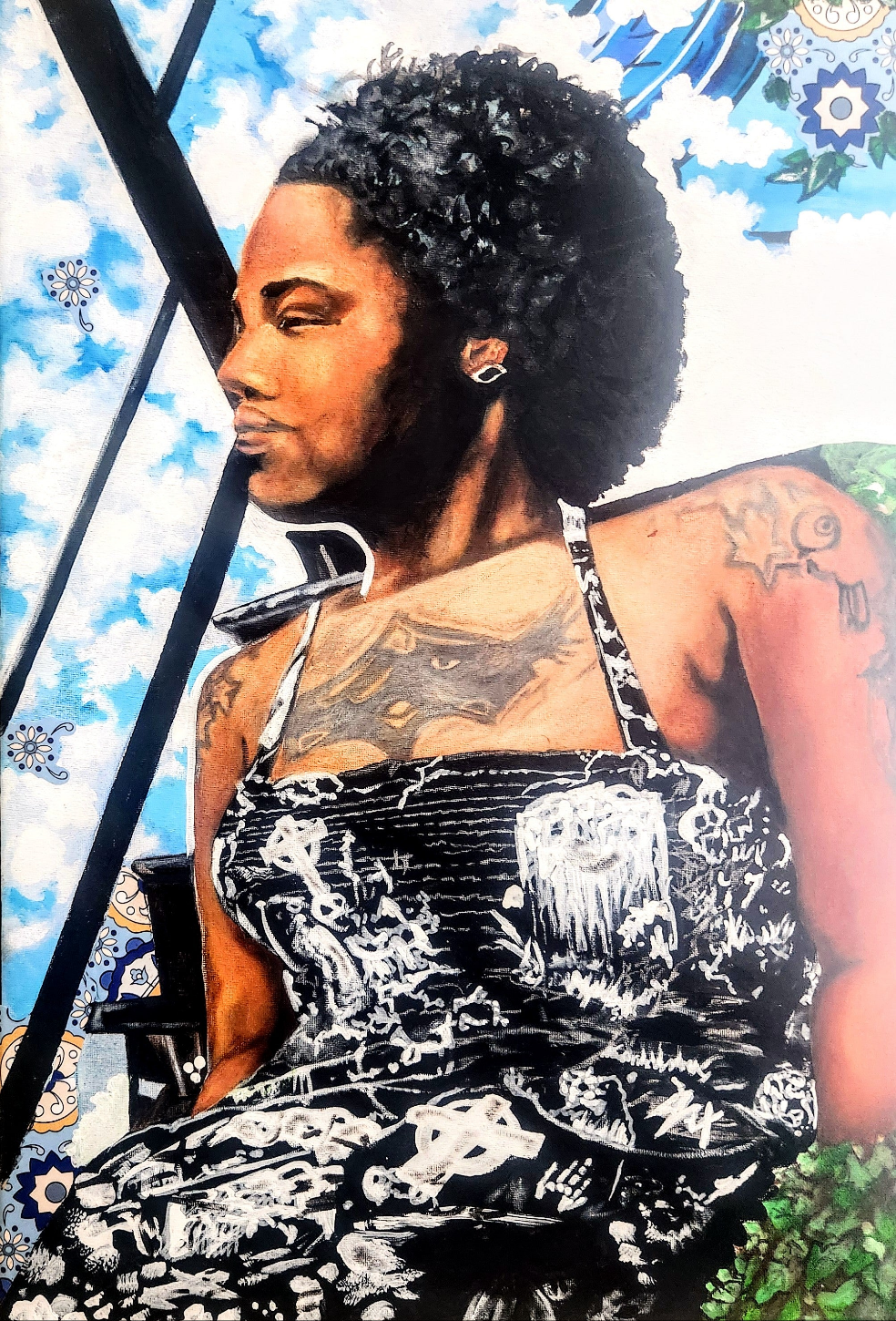 "Sunshine on the Fire Escape"                                   "Gazing"                        2024   Original Painting                            Acrylic, enamel, glitter, crystals.                                18"x 24"in.