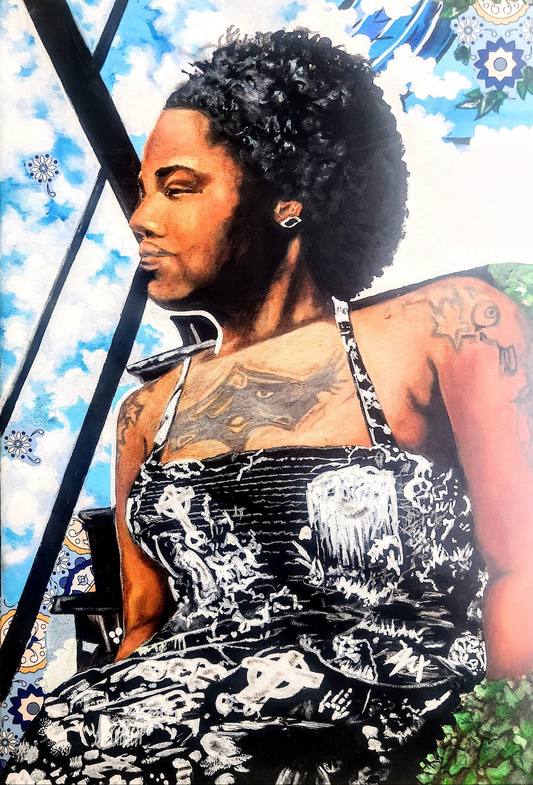 "Sunshine on the Fire Escape"                                   "Gazing"                        2024   Original Painting                            Acrylic, enamel, glitter, crystals.                                18"x 24"in.