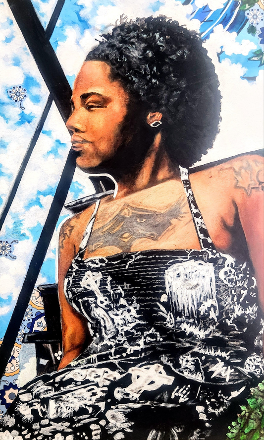 "Sunshine on the Fire Escape"                                   "Gazing"                        2024   Original Painting                            Acrylic, enamel, glitter, crystals.                                18"x 24"in.