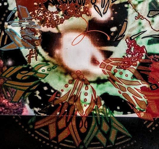 "Collison"  2024                                  Painted Print- Abstract                       Acrylic, enamel, glitter, crystals 18"x 24"in.