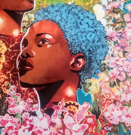 "People of the Light" 2024                               Painted Print                    Acrylic, enamel, glitter, crystals  18 "x 24" in.
